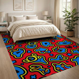 Vibrant Red Kids Cartoon Rug with Blue Whimsical Shapes