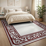 Ornate Red Scroll Border Area Rug