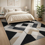 ODIKA Washable Geometric Area Rug - Modern Black & Cream Low Pile Non-Slip Carpet