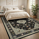 Elegant Black Persian Area Rug with Ivory Florals