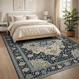 Navy Persian Floral Medallion Blue and Teal Area Rug