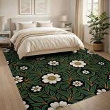 Dark Green Floral Vintage Area Rug with White Blooms