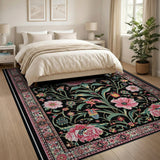 Pink Peony Floral Persian Area Rug on Black