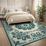 Blue and Teal Ornate Teal Mandala Floral Area Rug