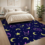Whimsical Neon Cat Moon Stars Area Rug