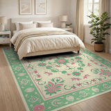 Green Border Pink Floral Medallion Area Rug
