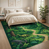 ODIKA Washable Dinosaur Forest Kids Area Rug - Non-Slip Green Jungle Path Play Mat