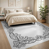 Ornate Floral Scroll Black White Rug