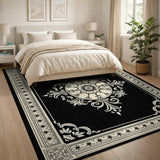 Ornate Black White Floral Medallion Black and White Area Rug