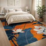Vibrant Orange Lotus Blossom Rug with Navy Leaves