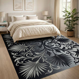 Ornate Black White Palm Frond Area Rug