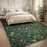 Green Emerald Green Golden Floral Vintage Area Rug