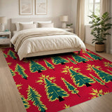 Festive Red Christmas Trees Snowflakes Pattern Rug