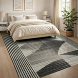 Geometric Grey Abstract Area Rug with Striped Borders