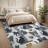 Cute Grey Cats Rainbow Hearts Washable Area Rug