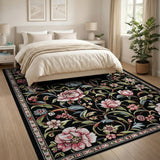 Black Persian Floral Rug with Pink Peonies