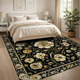ODIKA Washable Vintage Floral Black & Gold Low Pile Area Rug