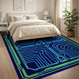 Washable Cyberpunk Circuit Board Area Rug - Neon Green & Blue Low Pile
