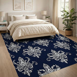 Elegant Navy Fleur-de-Lis Damask Area Rug