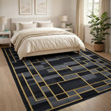 Modern Geometric Grid Rug in Black Grey Gold