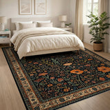 Black Persian Floral Area Rug with Orange Blooms