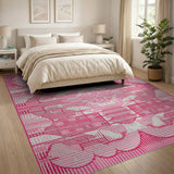 Pink Geometric Abstract Area Rug with Heart Motifs