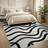 Black and White Abstract Area Wavy Black Lines Abstract Area Rug