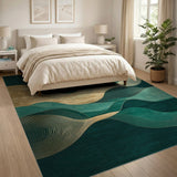 Emerald Waves Abstract Area Rug with Gold Accents