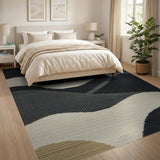 Abstract Wavy Black Beige Neutral Area Rug