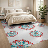 Teal Red Geometric Flower Area Rug