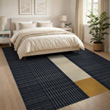 Modern Black Grid Plaid Rug with Cream Stripe Orange Bands