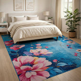 Teal Blue Peony Floral Area Rug with Gold Accents