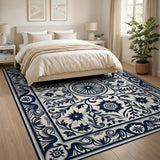 ODIKA Washable Navy Blue Vintage Floral Low Pile Non-Slip Area Rug