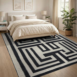 Bold Black White Geometric Labyrinth Rug