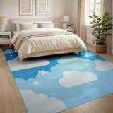 Blue and Teal Whimsical Clouds Stars Blue Kids Area Rug