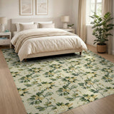 Cream Gardenia Floral Area Rug with Green Leaves