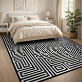 Geometric Modern Black White Geometric Labyrinth Maze Rug