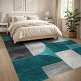 Teal Grey Curved Geometric Area Rug