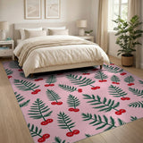 Pink Fern Fronds Red Berry Pattern Area Rug