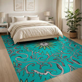 Blue and Teal Ornate Teal Floral Vine Area Rug