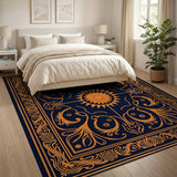 Ornate Navy Orange Sunburst Area Rug