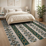 Teal Gold Damask Floral Stripe Area Rug