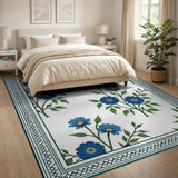 Blue Daisy Floral Area Rug with Teal Border