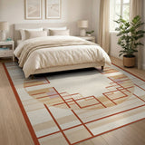 Modern Geometric Cream Rug with Terracotta Grid