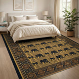 Black Elephant Motif Yellow Persian Area Rug