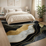 Luxury Abstract Black Gold Marble Washable Area Rug