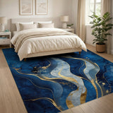 Abstract Navy Blue Gold Wave Area Rug