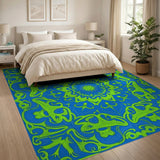 Mystical Green Frog Mandala Blue Area Rug