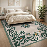 Green Floral Border Area Rug with Cream Field