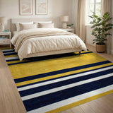 ODIKA Washable Navy Blue & Gold Striped Area Rug - Low Pile & Non-Slip